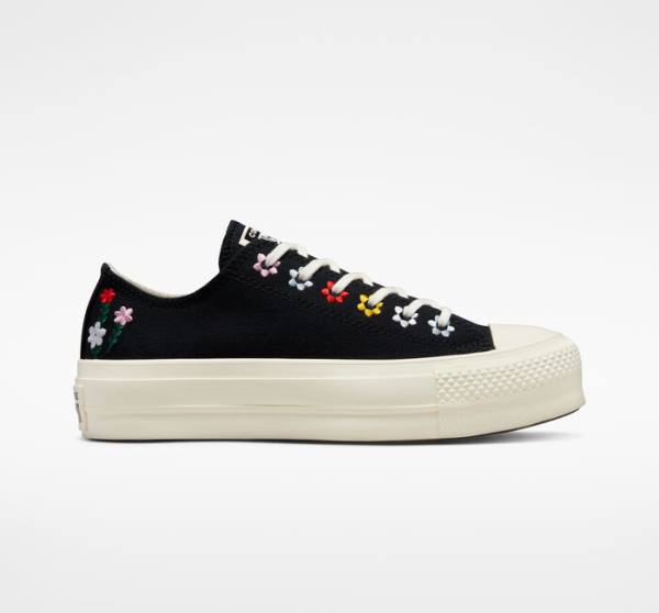 Converse Chuck Taylor All Star Lift Platform Floral Embroidery Low Tops Shoes Black / Multicolor | CV-902NPB