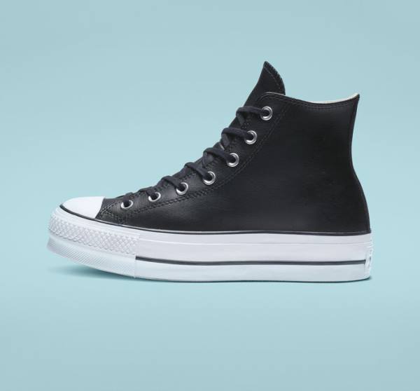 Converse Chuck Taylor All Star Platform Clean Leather High Tops Shoes Black / White | CV-347MUN