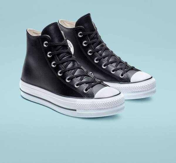 Converse Chuck Taylor All Star Platform Clean Leather High Tops Shoes Black / White | CV-347MUN